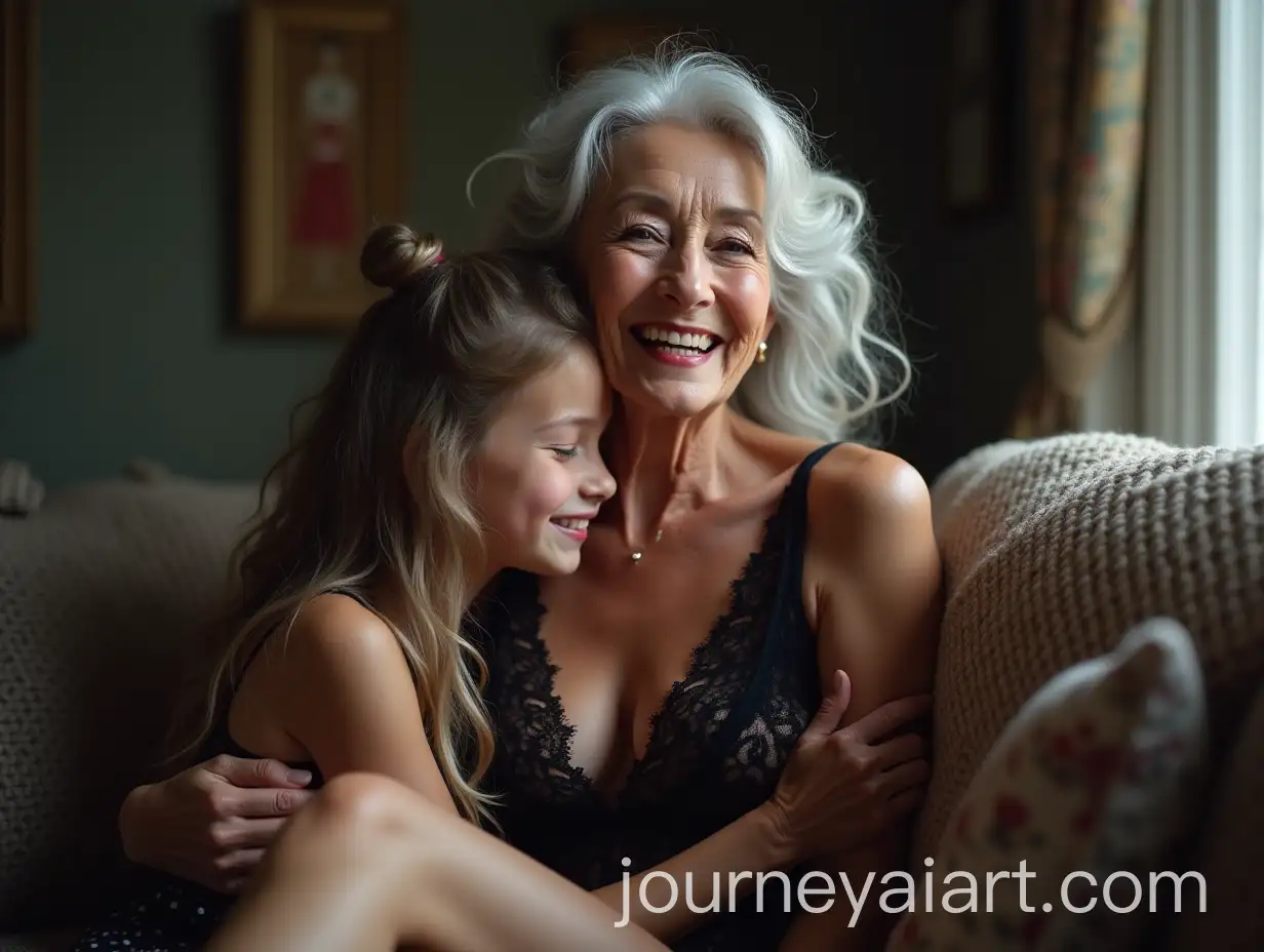 Elegant-Elderly-Woman-and-Young-Girl-Sharing-a-Joyful-Moment-on-a-Sofa