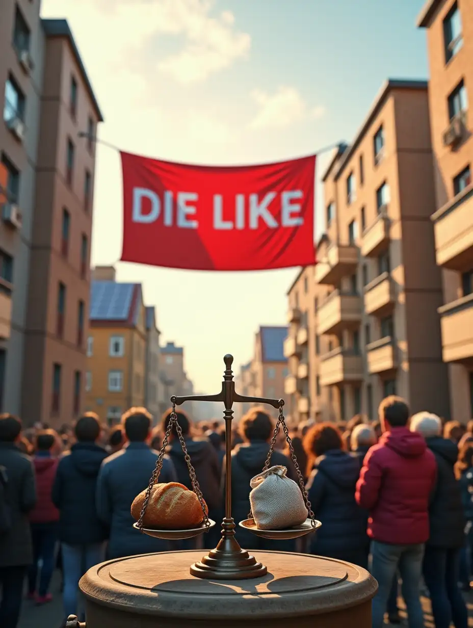 A powerful photorealistic street scene showing a large red banner with 'DIE LINKE' text hanging between modern apartment buildings, where diverse groups of people of different ages and backgrounds are gathering beneath. In the foreground, a symbolic scale of justice balances a loaf of bread and housing key against money bags, representing affordable living and fair distribution. The scene is bathed in warm, natural daylight, with solar panels visible on rooftops and a medical center and school visible in the background. The image should have crisp details, natural colors, and a documentary-style composition that emphasizes both human dignity and social infrastructure. Style: photorealistic, natural lighting, sharp focus, 8k resolution, detailed textures