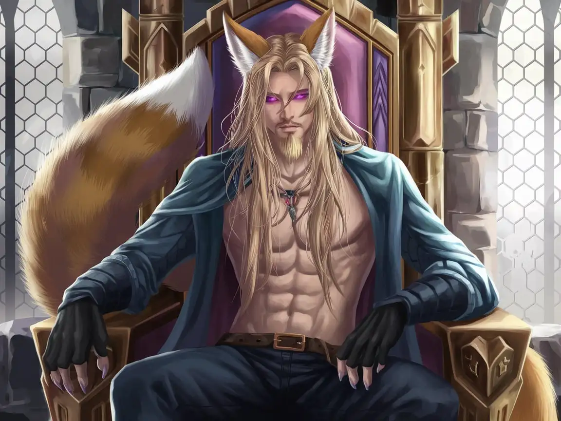 Fantasy-Blonde-Fox-Girl-Sitting-on-Throne-with-PurplePink-Eyes