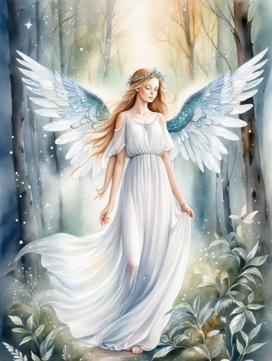 Enchanting Angel in Watercolor with Sparkling Wings in a Magical Forest