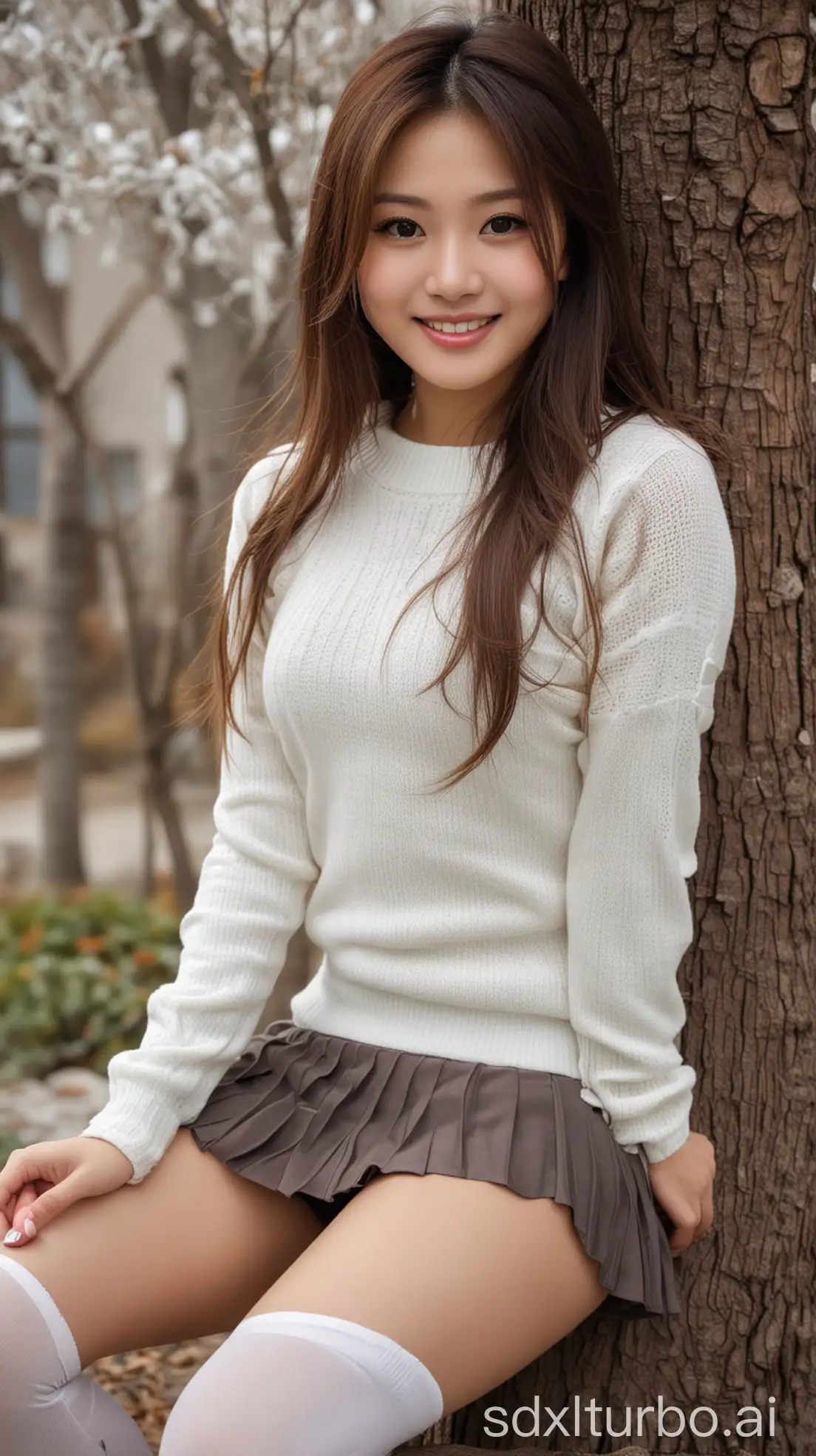 Chinese-Beauty-in-Winter-Sweater-and-Skirt-Under-Village-Tree