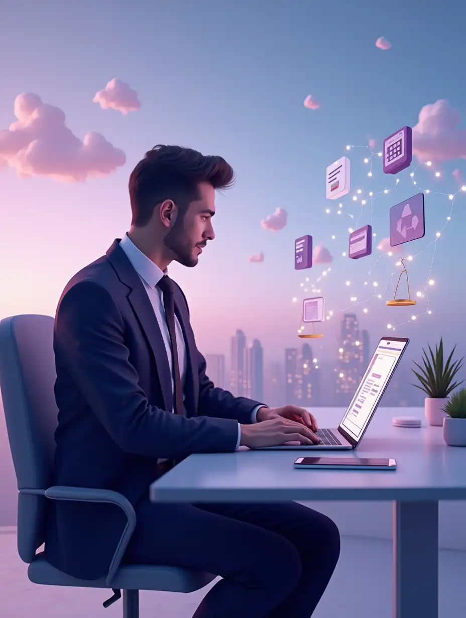 A realistic male lawyer sitting on the left side of the image at a modern digital desk, wearing a formal dark suit and tie, working seriously on a laptop. The laptop screen shows a modern style law firm website. Floating UI icons around him: contact form, appointment calendar, chat icon, justice scale ⚖️, analytics chart. On the desk: smartphone, tablet, law firm logo in purple, and glowing digital connections between them. The environment is a minimal, clean digital office or abstract smart workspace, with soft lighting and pastel gradients. The sky in the background includes digital cloud and network connection icons to symbolize being online. Use a sophisticated color palette: deep purple(same as logo), white, soft gold, and complementary bluish tones. Realistic style, photorealistic or semi-realistic, 4K quality, ultra-detailed, cinematic lighting, subtle shadows.