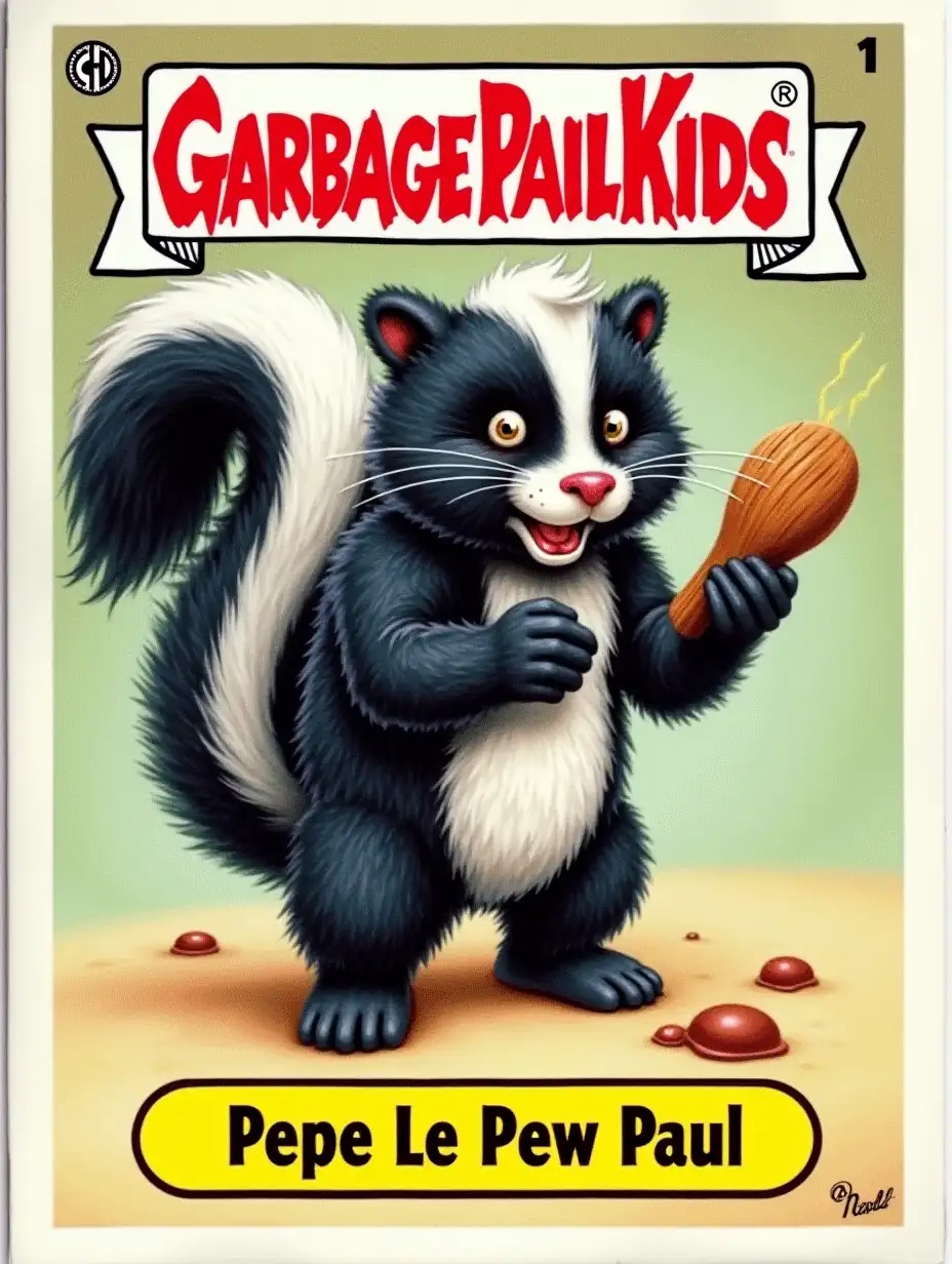 Skunk, Garbage Pail Kids trading card, Text on bottom: Pepe Le Pew Paul