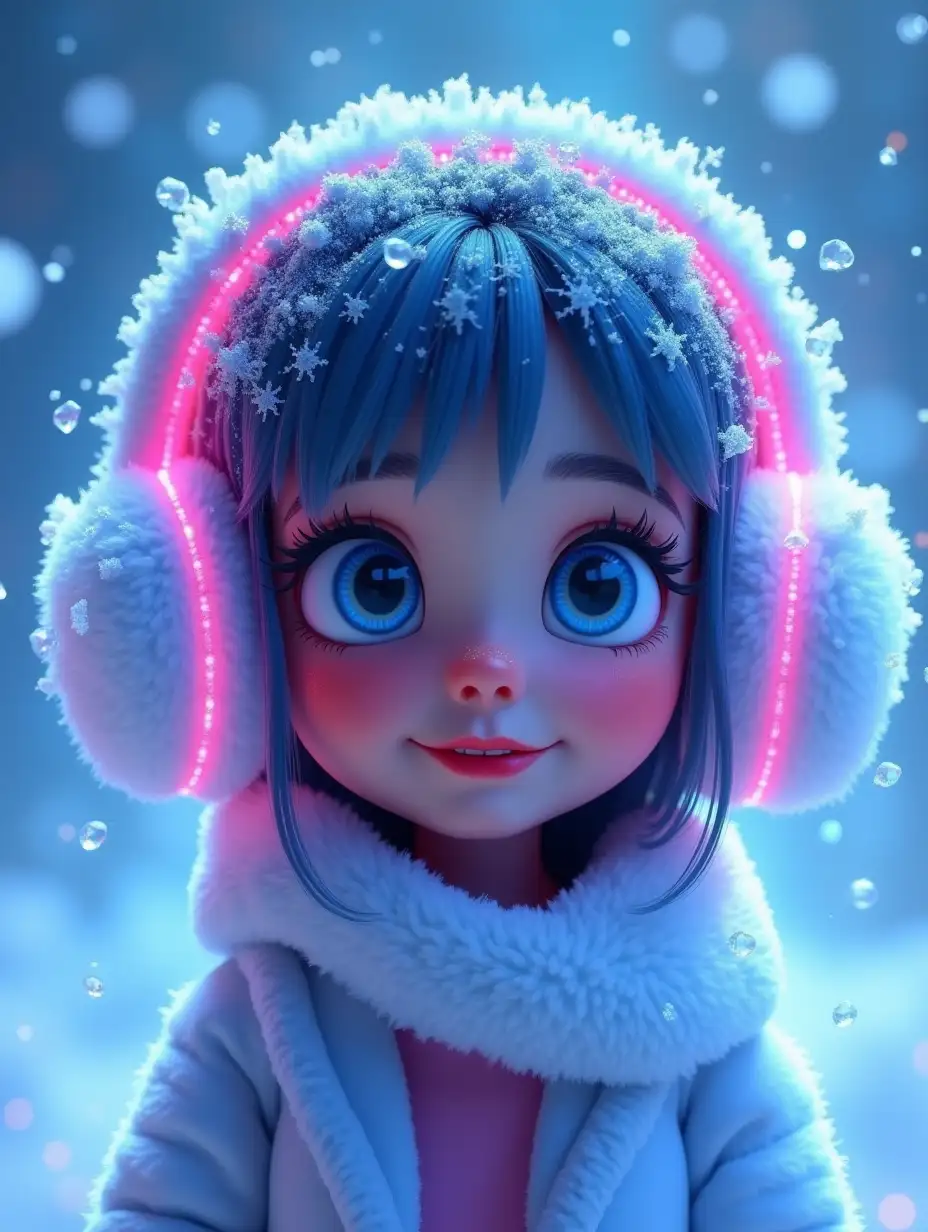 Animated girl in Pixar style with furry headphones with candy in blue and pink colors, hair, eyelashes covered with frost, big blue eyes, lips red with glossy shine, against the backdrop of a snow and ice print. Around her silhouette there is luminescent glow, flickering of blue ice crystals, neon effects. High level of detailing, 4k resolution