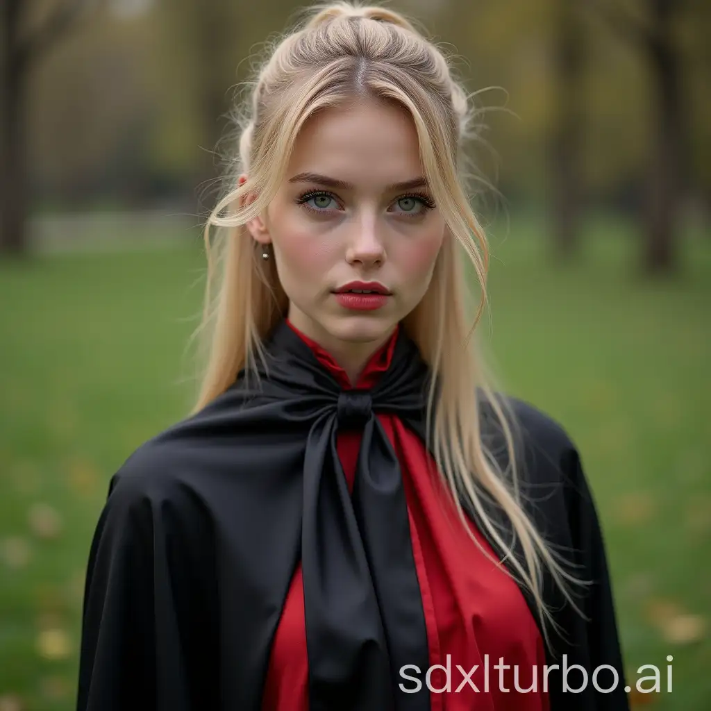 Young-Woman-in-Glossy-Black-Satin-Cape-in-Park-Portrait