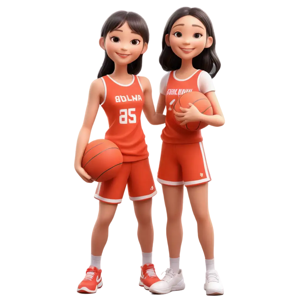 A young girl from China holding a basketball, smiling, wearing a basketball suit, in 3D style, with strong design sense