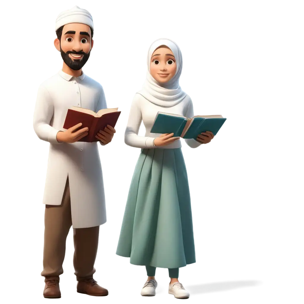 HD-PNG-Image-of-3D-Couple-in-White-Jilbab-and-Hijab-Holding-a-Quran-Ramadan-Theme