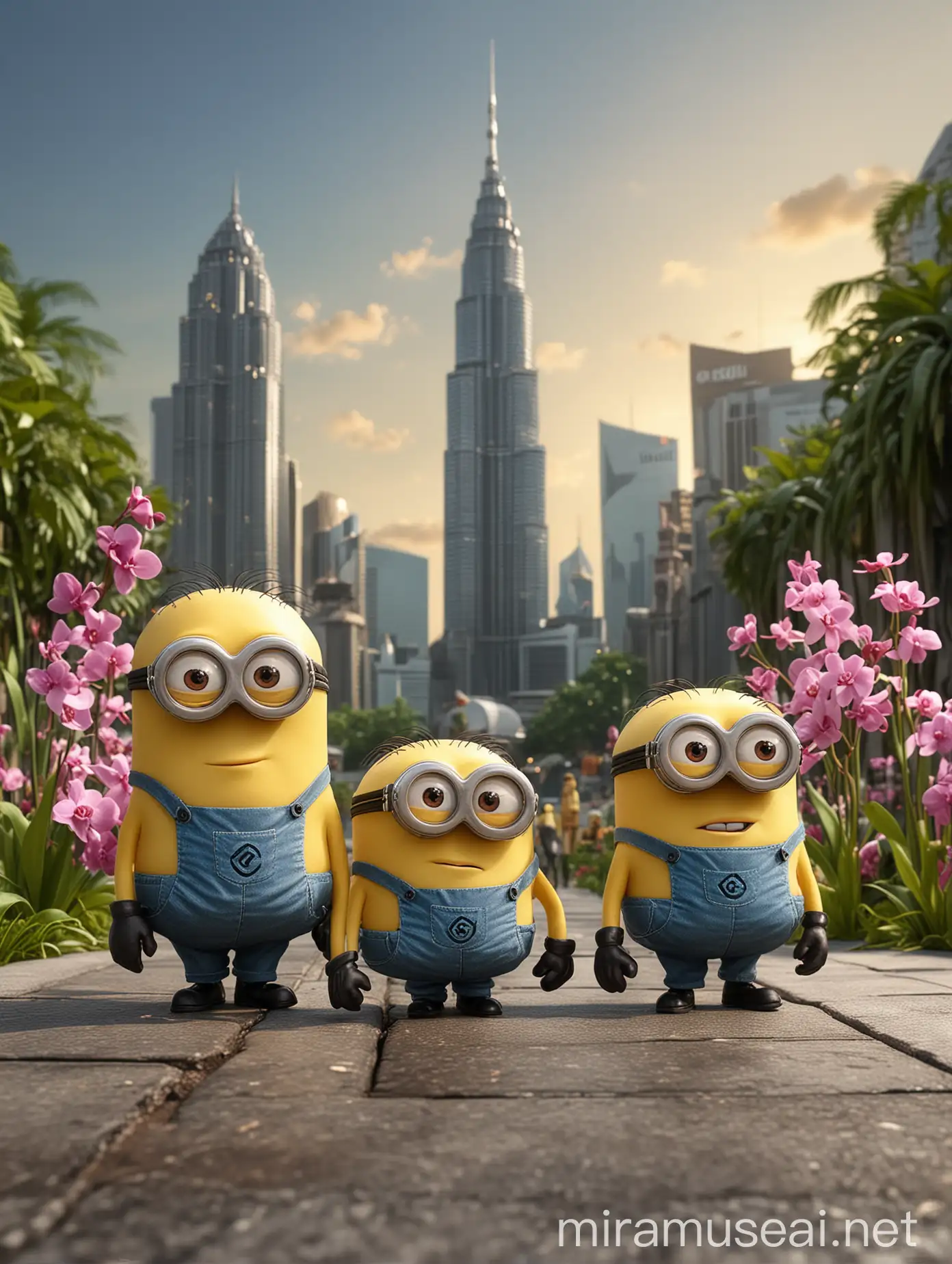 Four Cute Yellow Minions Walking by the Petronas Twin Towers