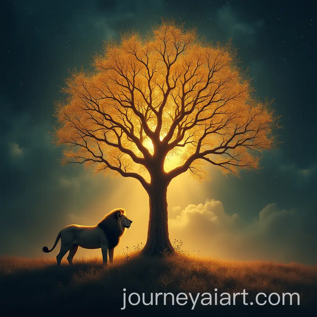 Glimmering-Tree-with-Majestic-Lion-Underneath-Night-Sky