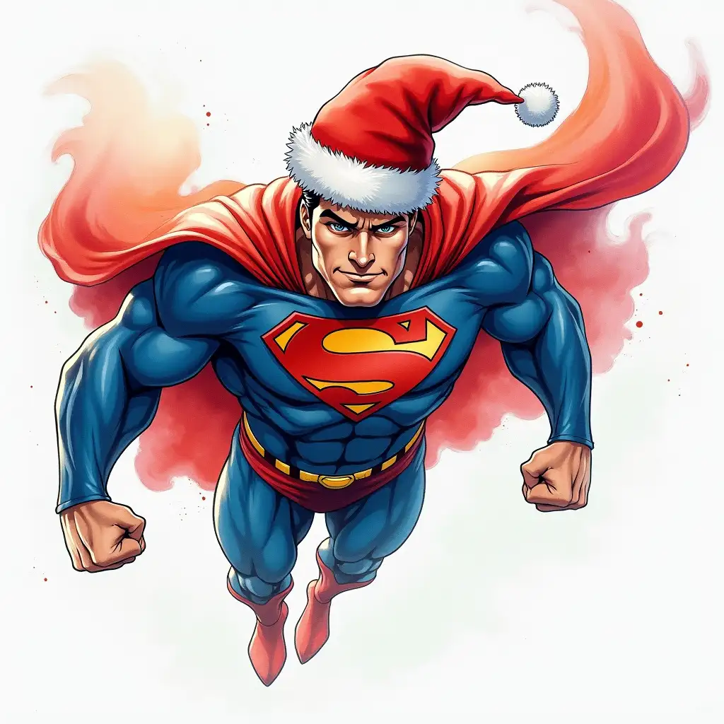 Superman from dc comics wearing a Santa Claus hat flying  in watercolour style