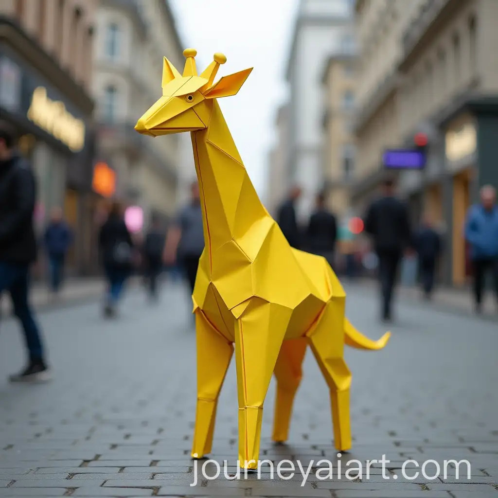 RealSize-Yellow-Origami-Giraffe-on-City-Street-in-High-Detail