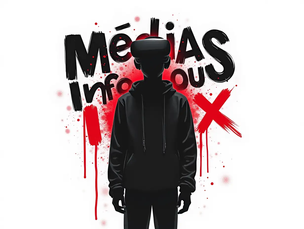 The image features a stylized, monochromatic illustration of a person wearing a virtual reality headset, surrounded by bold, chaotic typography. The background is stark white, emphasizing the heavy contrast with black and red splashes that add an element of vibrancy. The composition centers on the figure, whose silhouette is incomplete, suggesting anonymity and a critique of media consumption. The text, including words like 'medias' and 'infos ou intox,' is dynamically arranged, invoking a sense of urgency and confusion. The use of sharp angles and graffiti-like elements contributes to an urban, modern art style, reinforcing themes of technology and its impact on society. The overall lighting is flat, emphasizing the graphic nature rather than creating depth.