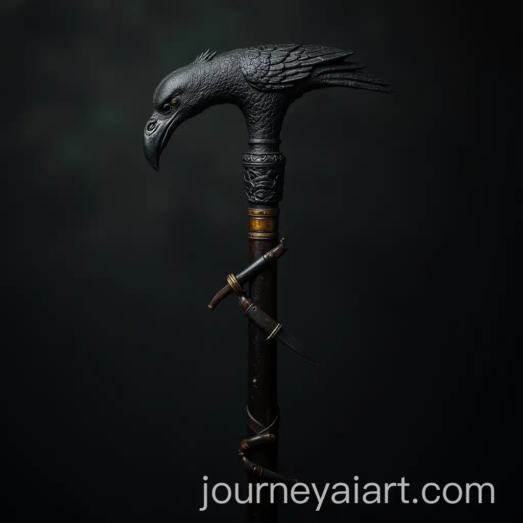 Mysterious-Cane-with-Ravens-Head-and-Knives-in-Darkness