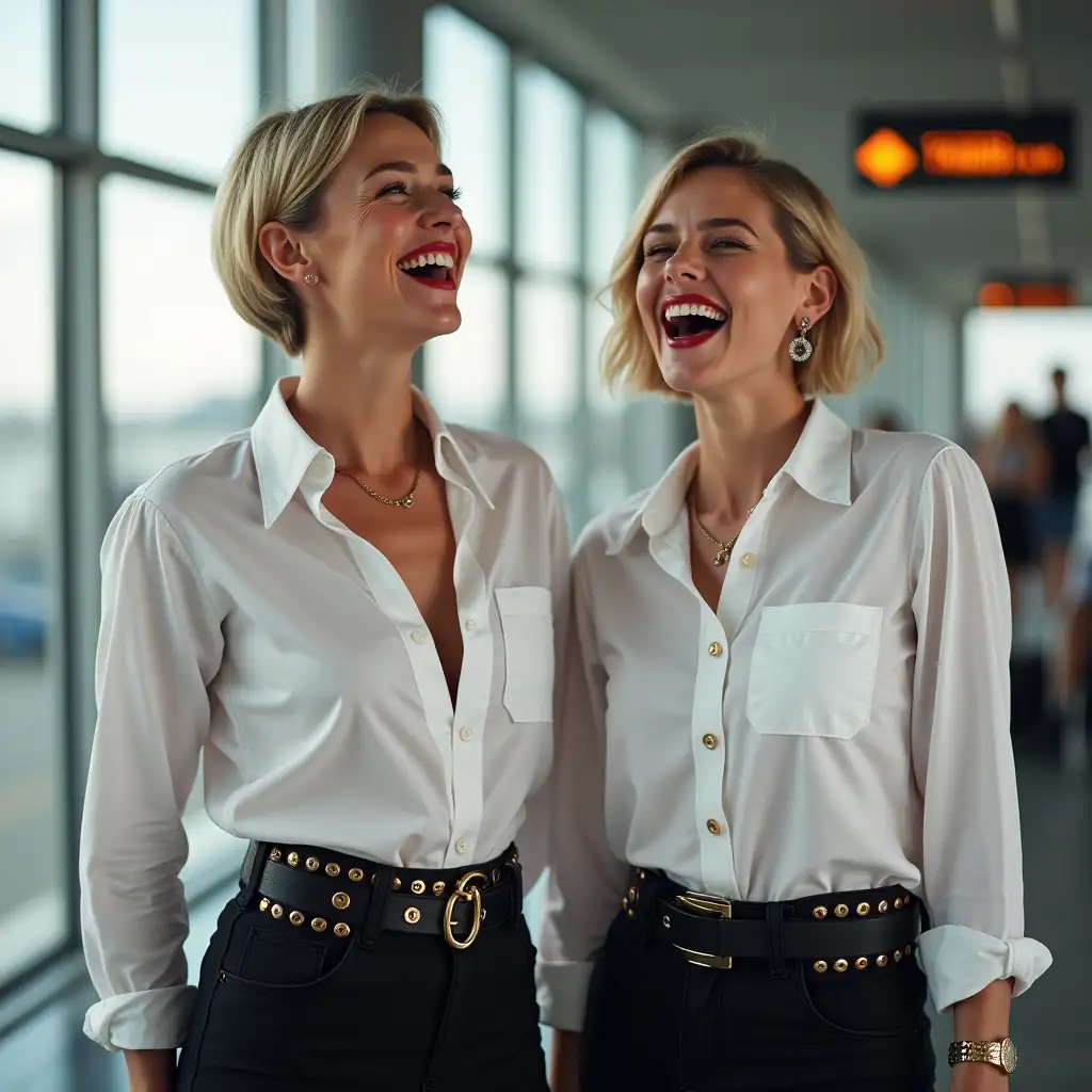 two norvegian lady , in white unbuttoned airport security shirt, laughing with her mouth open, red lipstick accentuating her smile,belt on waist, big wide hips, chest are fully grown, jewerly, short hair, HD, holds long riding crop, airport, photo-realism