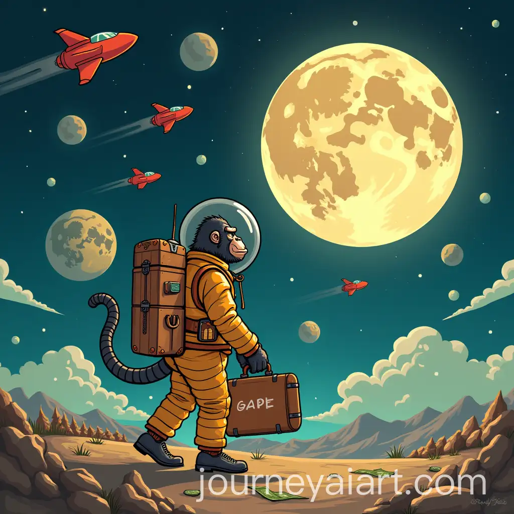 Cartoon-Gorilla-in-Golden-Space-Suit-Preparing-for-Launch-with-Cash-on-Moon