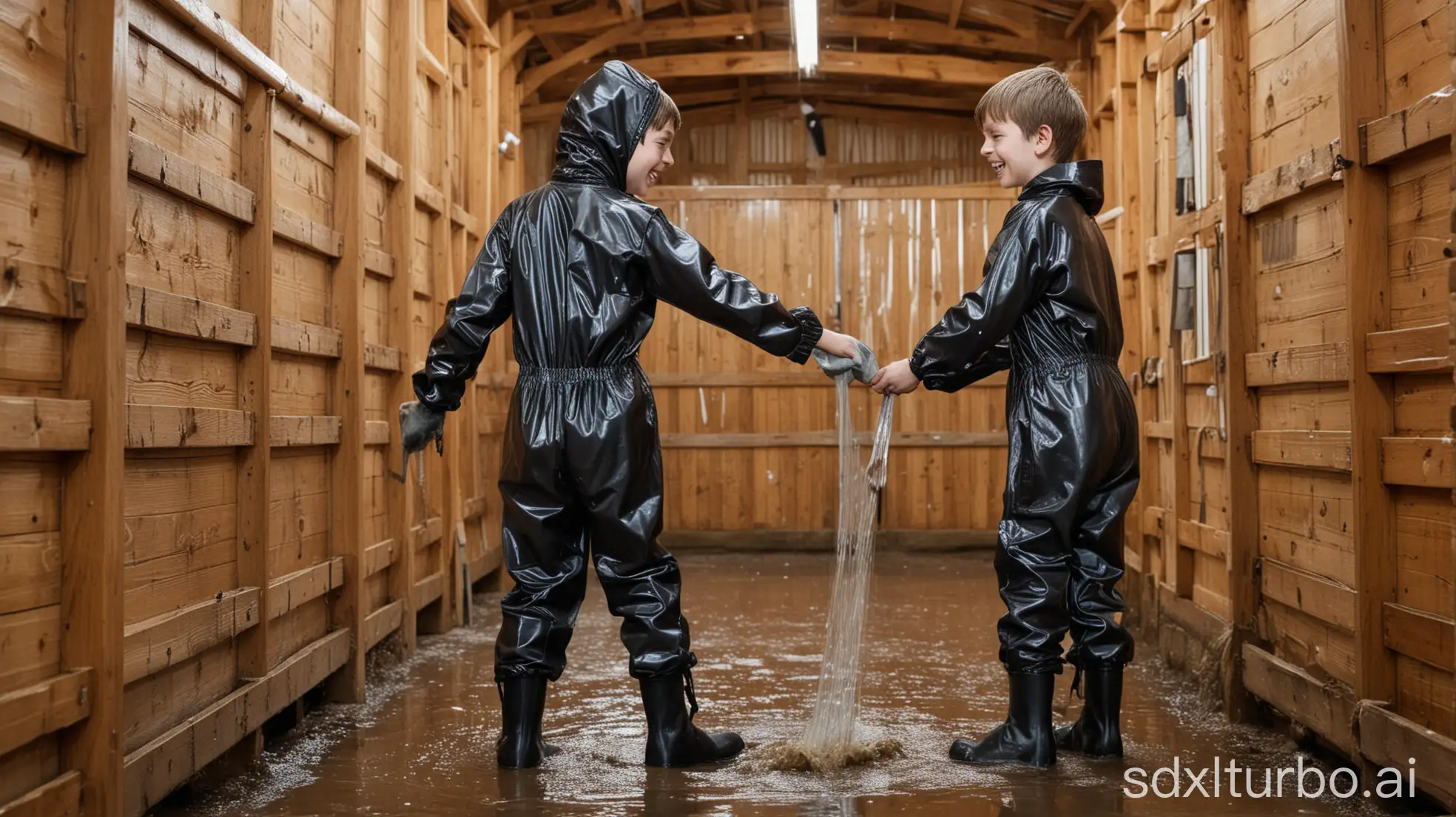 Two-TenYearOld-Boys-Cleaning-Horse-Box-in-Shiny-Rubber-Suits-at-Barn