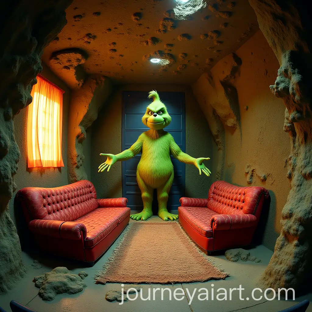 Whimsical-3D-GrinchInspired-Bedroom-with-UpsideDown-Furniture-and-Surreal-Statue