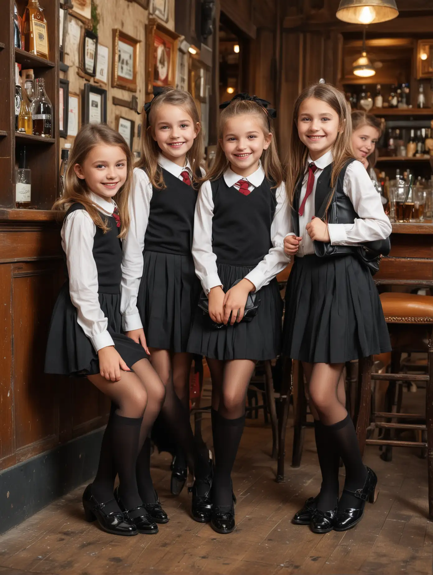 side view, group of cute kids wearing heels , black pantyhose, in paris tavern, smile, schoolbags