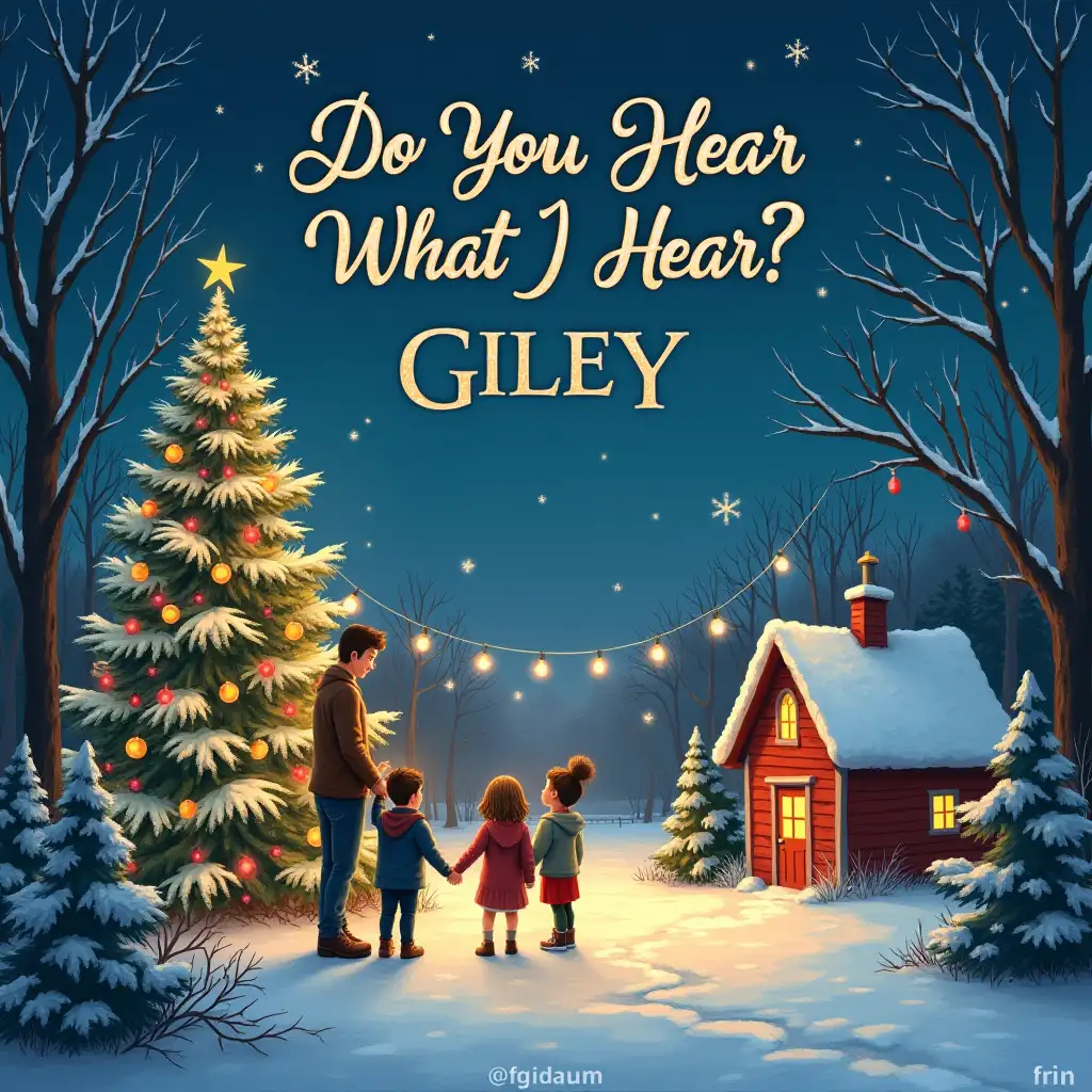 Design an album cover that captures the essence of joy, nostalgia, and timeless beauty, appealing to people aged 5 to 99. The cover art should feature a serene winter scene with a cozy, snow-covered village illuminated by warm, glowing lights. In the foreground, depict a family gathered around a beautifully decorated Christmas tree, sharing moments of love and togetherness. Incorporate subtle elements that evoke a sense of wonder and magic, such as twinkling stars in the night sky and gentle snowflakes falling. The title of the album, “Do You Hear What I Hear?” and the artist’s name, “Gilley,” should be prominently displayed in elegant, classic typography that complements the serene atmosphere. Ensure the design radiates warmth and invites viewers of all ages to feel the joy and love of the holiday season, making it a classic album cover that will be cherished for generations.