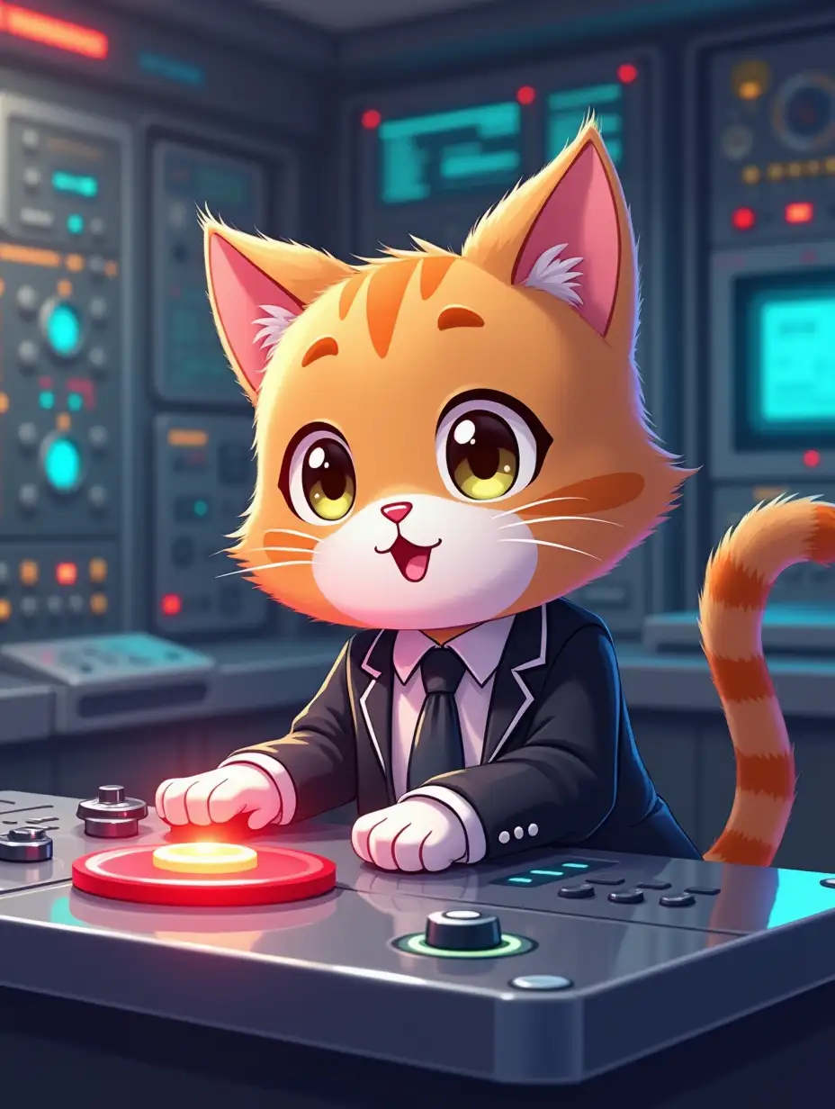 kawaii positive fluffy anime style fluffy multicolored an engineer cat in a formal suit presses a red button on a large shiny metal table with buttons and indicators in an a spacious, bright room with walls of panels dotted with colorful lamps, instruments and indicators with atmosphere of magical glow, paint in anime style