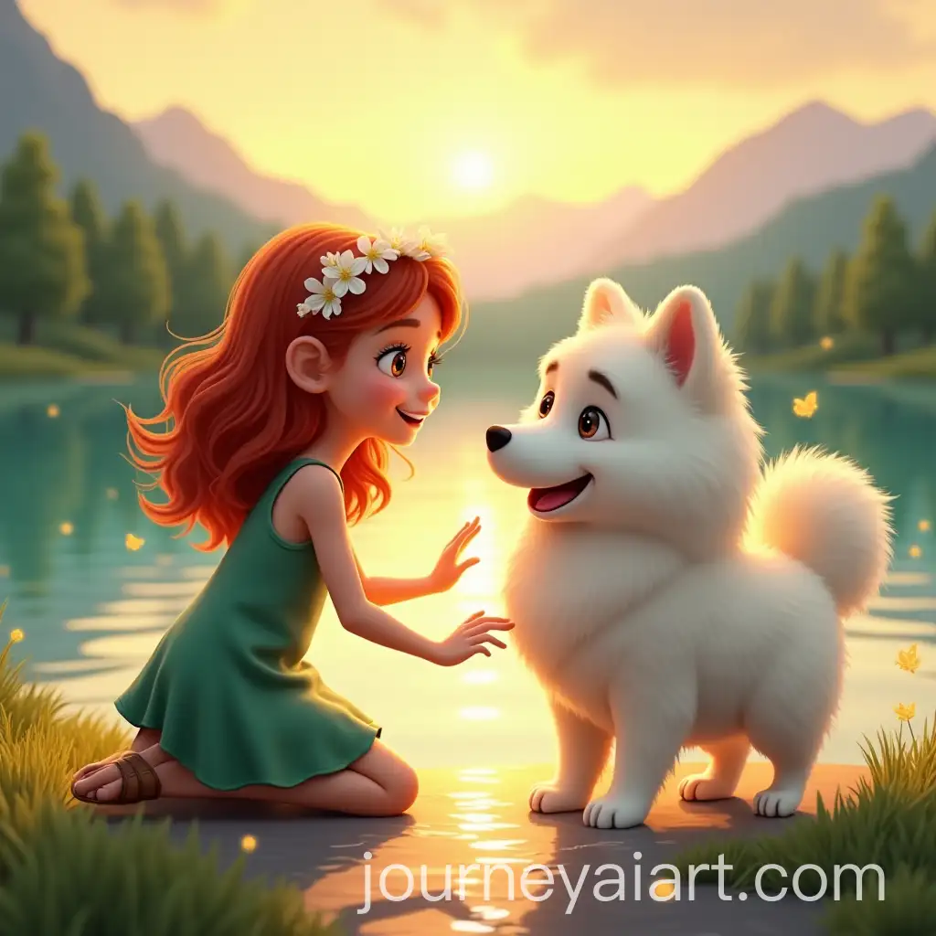 Girl-and-Samoyed-Dog-by-Serene-Lake-at-Sunset-with-Fireflies