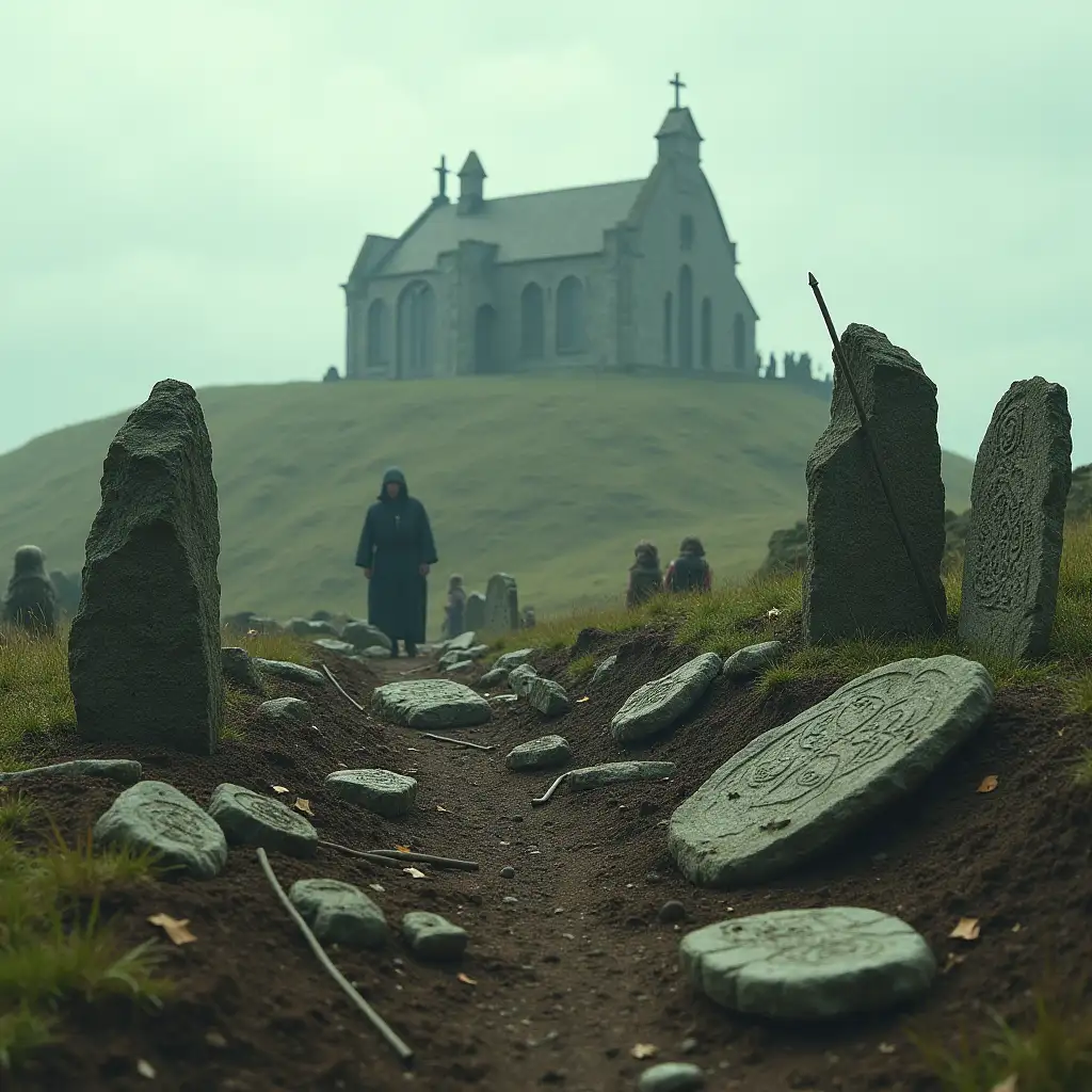 A split scene showing a sacred Celtic hilltop site, once vibrant with ritual and nature reverence, now overshadowed by a grey stone church built directly atop the ruins. In the foreground, discarded ritual tools, and crumbling standing stones lie half-buried in soil. A once-vibrant Druidic figure is fading into mist—his staff dissolving, mouth open mid-story, silenced. Carved Celtic alters have been defaced or destroyed. A monk carves Latin script into a pillar, erasing older symbols. On the horizon, children are taught from books, their native tongue replaced by foreign instruction. The whole image conveys a haunting quiet—like the breath has been stolen from the land. Style: Cinematic, symbolic realism Lighting: Muted daylight with shadows creeping in Mood: Mournful, heavy, contemplative Perspective: Wide with layered focus—from broken objects to distant horizon Symbols: Crumbling gods, repurposed sacred site, Latin replacing ogham, silent storyteller, fading language