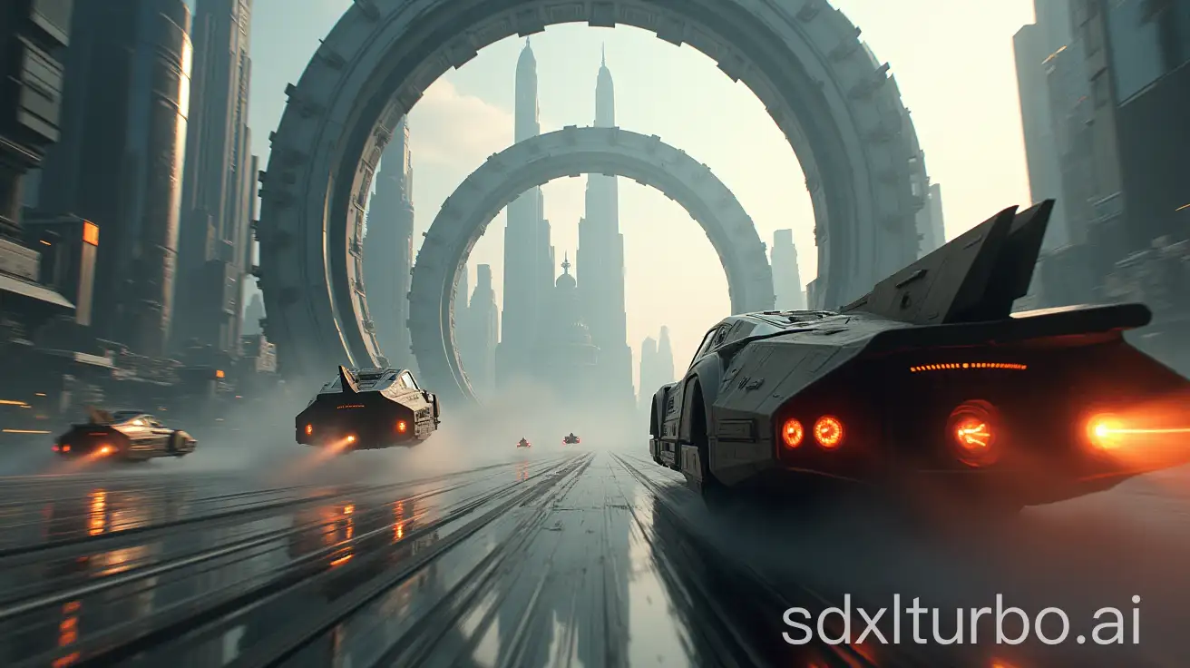 a circular space city with huge skyscrapers, flying vehicles moving around in the background and focused on a fast moving vehicle approaching the camera with aliens and humans together