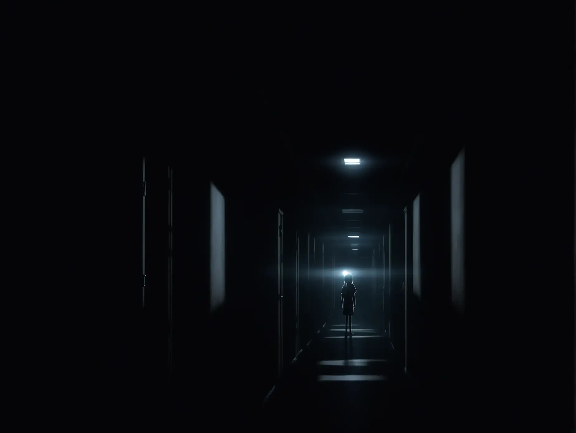 A darkened hallway in the school, with only one remaining flashlight casting a narrow beam of light. The beam illuminates a shadowy figure at the far end of the hallway, its features obscured by darkness. The group of teenagers is visible in the foreground, their faces pale with fear, their eyes wide as they stare at the figure. The atmosphere is tense, with a heavy sense of dread. The lighting is minimal, with the focus on the contrast between the light from the flashlight and the surrounding darkness. The camera shot is a long shot, emphasizing the distance between the teenagers and the figure, creating a feeling of isolation and vulnerability. Anime style, nighttime