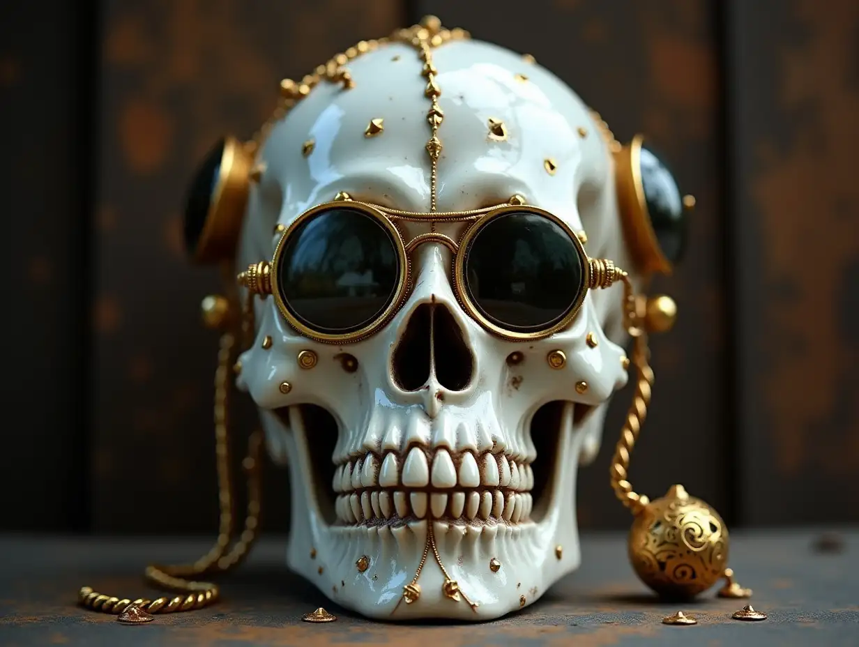 Cyber Totenkopf mit Glasaugen, Porcelain with golden ornaments Steampunk 100 mm Capture