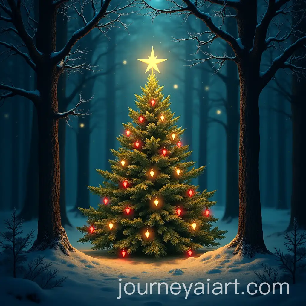 Magical-Forest-with-Christmas-Tree-Under-Snowy-Night-Sky
