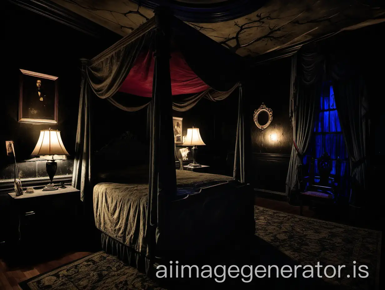 Spooky-Bedroom-in-an-Old-Haunted-Mansion-at-Night