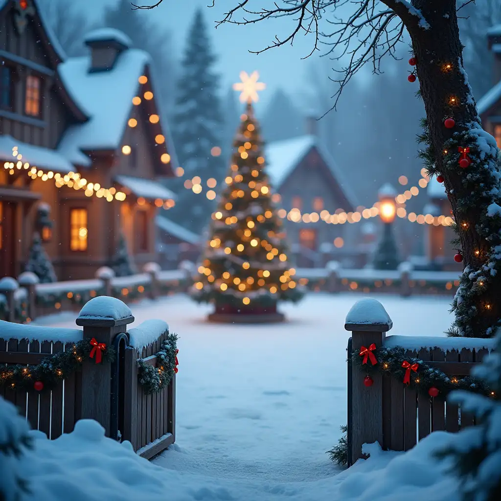 An ice rink with a Christmas tree on the ice in a fairy tale village, surrounded by a fence decorated for the holidays with an entrance in the foreground, and a blurred background