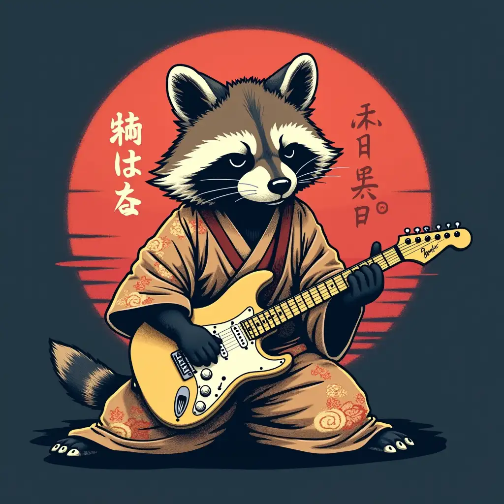 A graphic design features a stylized raccoon dog playing an electric guitar. The raccoon dog is depicted in a samurai-like pose, wearing traditional Japanese clothing (a robe-like garment, possibly a kimono). Its attire has patterns reminiscent of traditional Japanese aesthetics, including swirling designs and possible stylized floral motifs in muted earth tones of orange, brown, and beige. The raccoon dog's expression is relaxed, and it appears to be concentrating on playing the guitar and wearing a calm, almost serene expression.  The guitar is a light tan/cream color and has a typical electric guitar shape. Its paws and hands, depicted in detail, are manipulating the strings and fretboard. A stylized, circular, red sunburst or similar design forms the backdrop, encompassing the figure with a faded border, and Japanese-style text is visible at the top and left. The graphic is set against a solid navy blue background. The overall composition suggests a fusion of Japanese and rock culture.