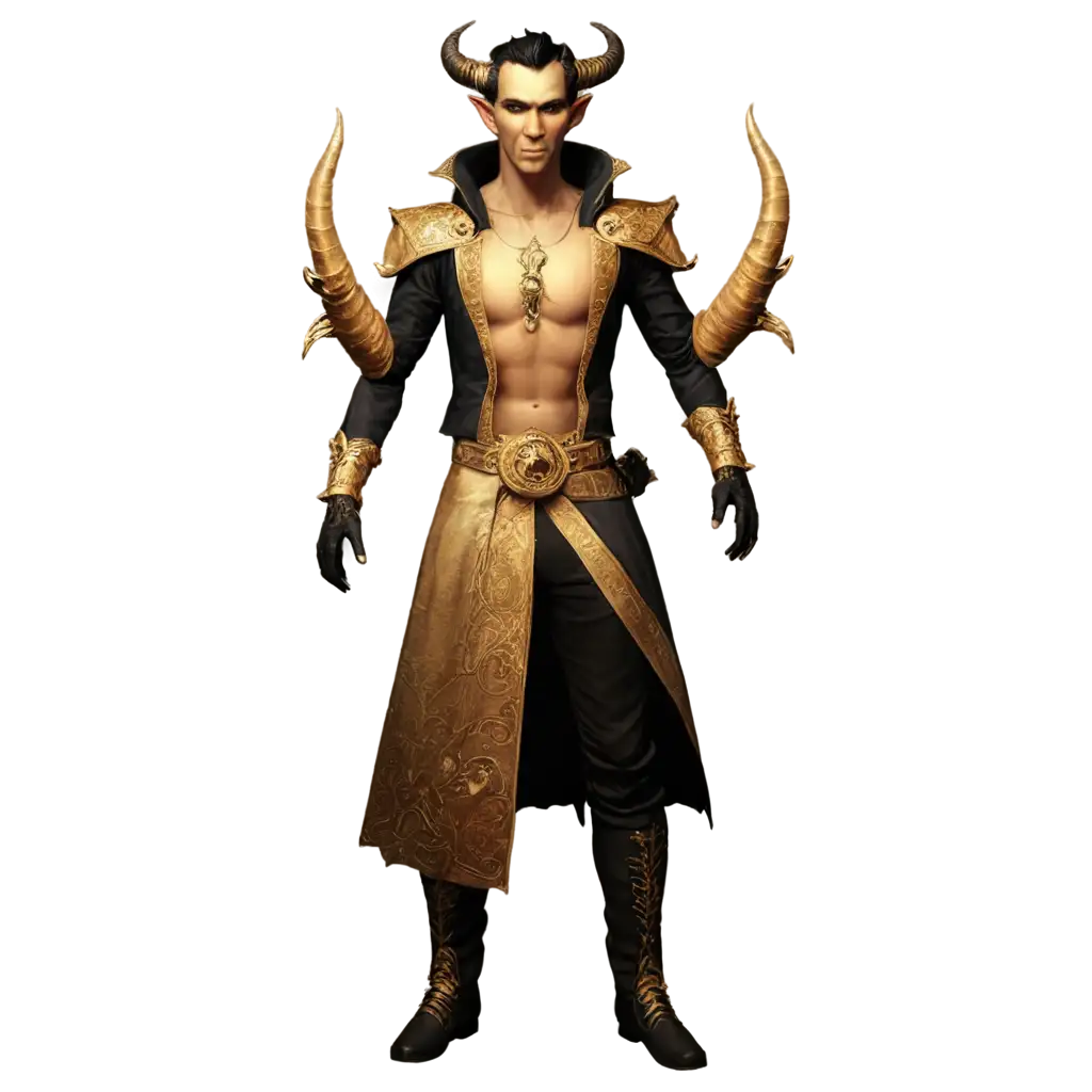 Male gold skinned Tiefling sorcerer small horns