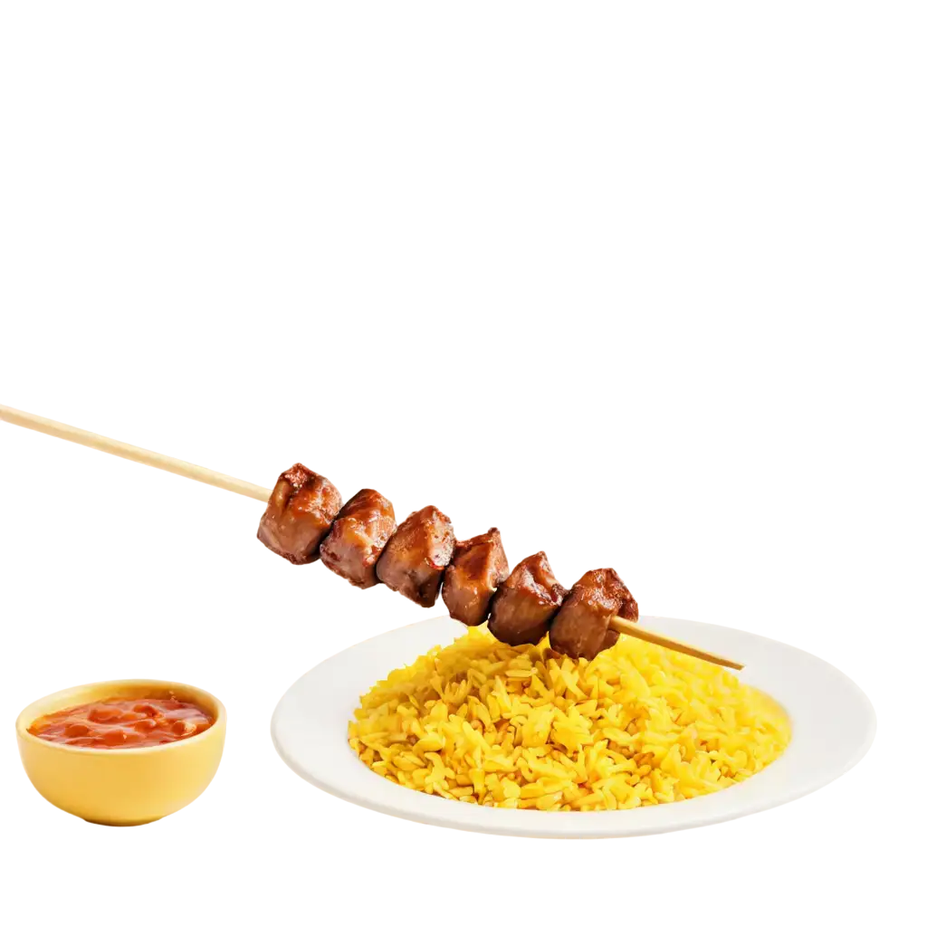 make an appetizing image for food stall: Filipino style Pork barbeque skewer and a cup of yellow colored rice on a plate