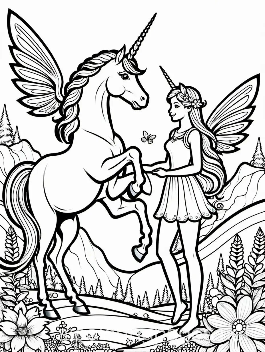 2 fairies with a unicorn for kids , Coloring Page, black and white, line art, white background, Simplicity, Ample White Space. The background of the coloring page is plain white to make it easy for young children to color within the lines. The outlines of all the subjects are easy to distinguish, making it simple for kids to color without too much difficulty