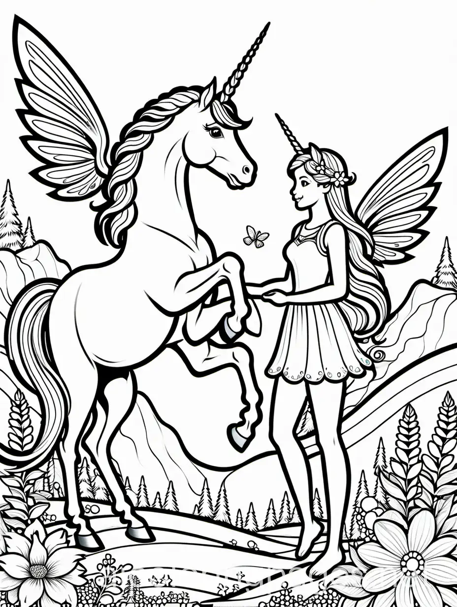 Two-Fairies-and-a-Unicorn-Coloring-Page-for-Kids-with-Simple-Line-Art