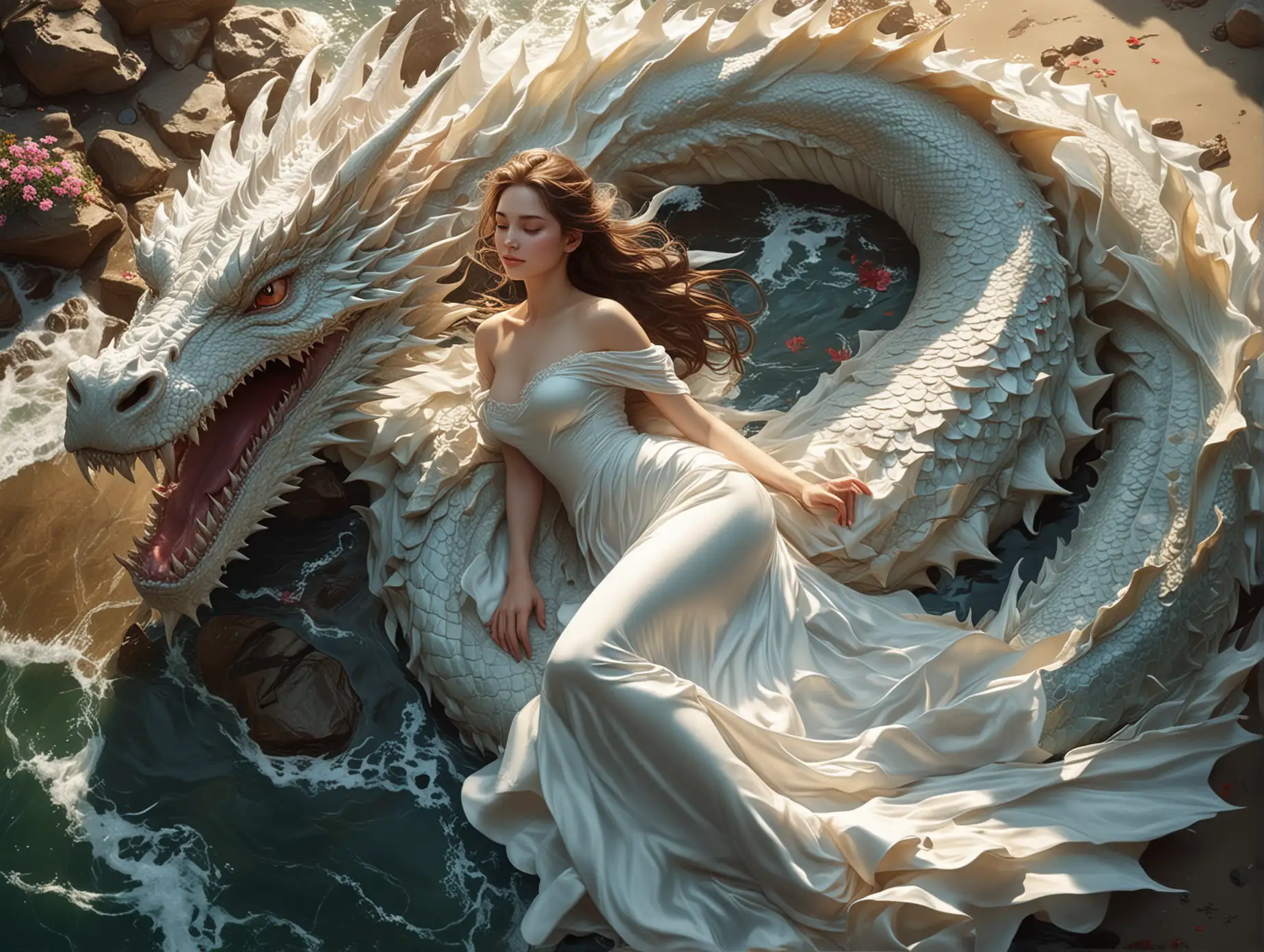 user_prompt: View from above.  The serene scene features a beauty female relaxing on giant dragon's body, She was wearing a silky white off-shoulder dress, lying in comfortable pose, The dragon is located in sea side, Soft natural lighting streams through harmonicaly atmosphere, colorful organic shape, highly detailed, extremely hyper best quality art