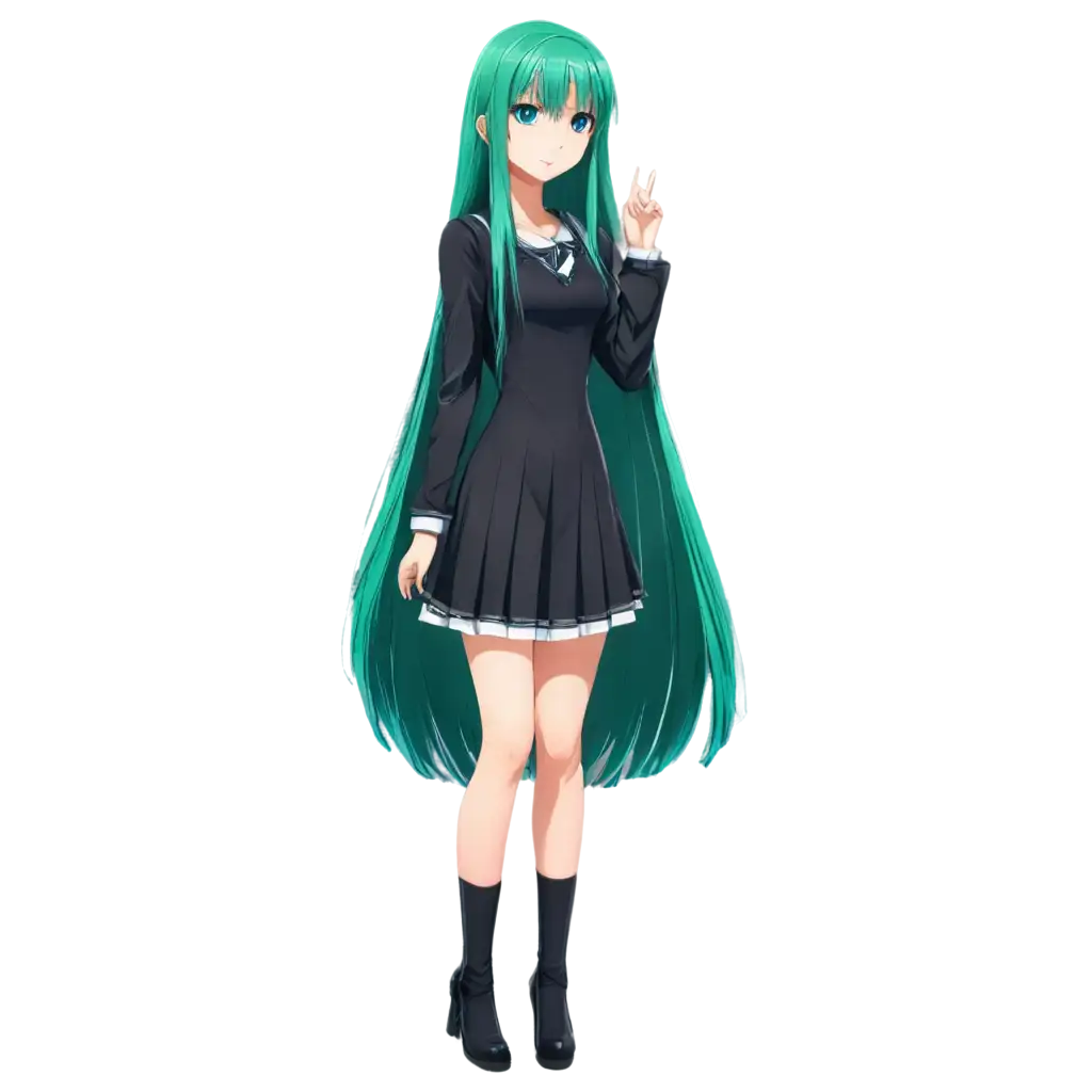 Anime-Teen-Girl-with-Long-Straight-Green-Hair-and-Blue-Eyes-PNG-Image-in-Elegant-Black-Dress