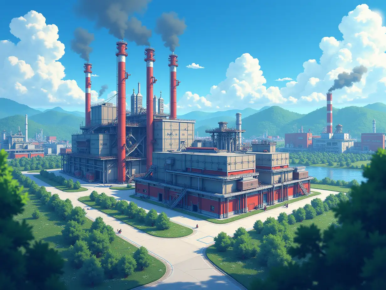 Create a Anime style Establishing Shot of a Factory in an Industrial Setting. The factory is placed Center frame and is bustling with activity. The point of view is Bird's Eye View, and the lighting should be Bright and vibrant. The mood of the scene is Productive.