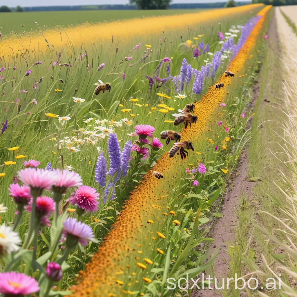 Flower strip along the field edge with bees and flowers