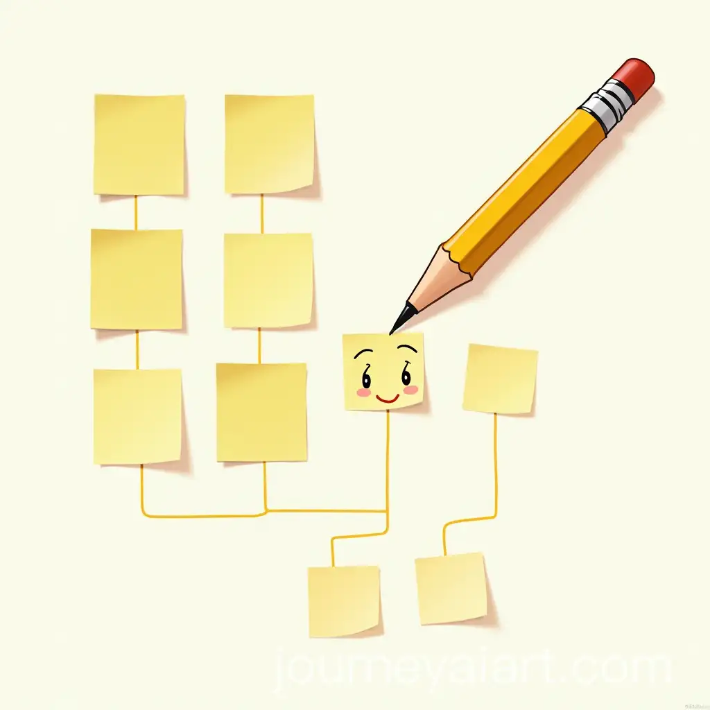 Cartoon-Pen-with-Childs-Face-and-Text-Squares-Branching-Out