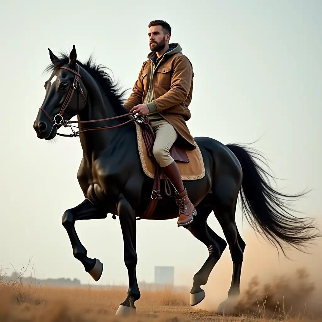 create a brave man riding a black horse, using casual clothes