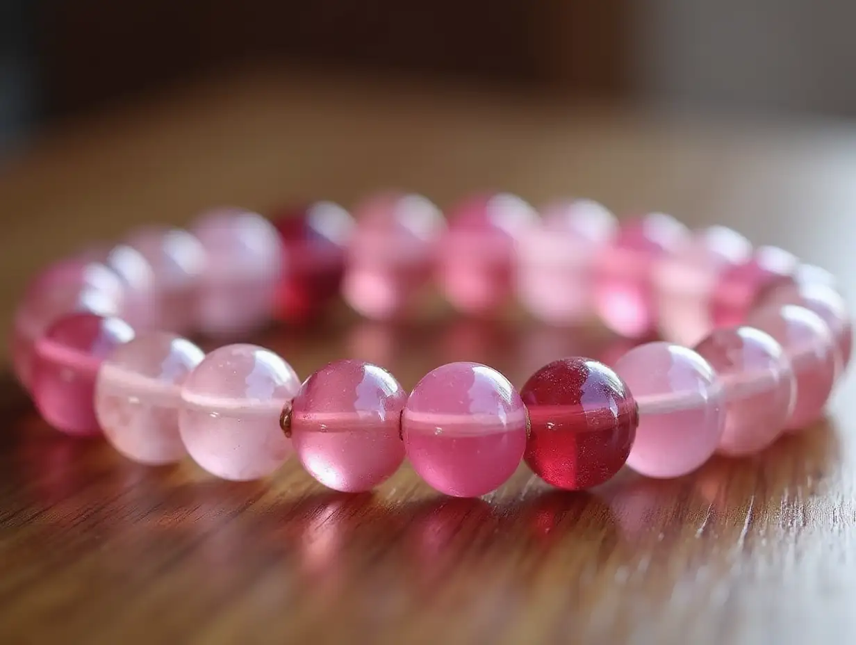 Customized rounded crystal bracelet designed by Chinese astrology, using pink translucent crystals for a romantic love theme, varied crystal colors, complete bracelet shown with no visible string, wooden desktop background, minimal distractions, slight depth of field to highlight crystals while preserving their color details, crystals designed to attract continuous love fortune.