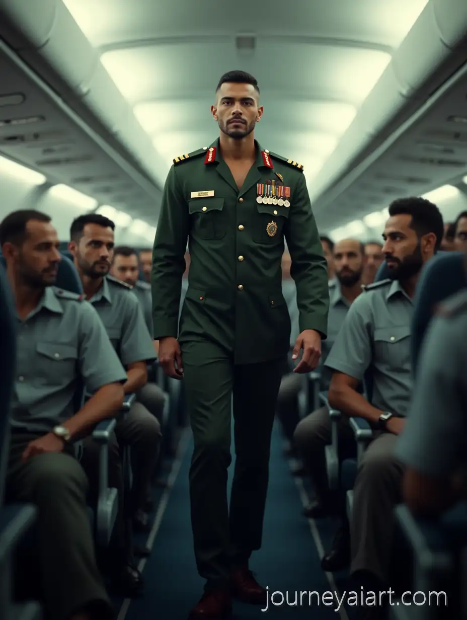Indian-Army-Officer-Walking-Through-Airplane-Cabin-withIndian-officer-in-airplane-Passengers-in-Uniform
