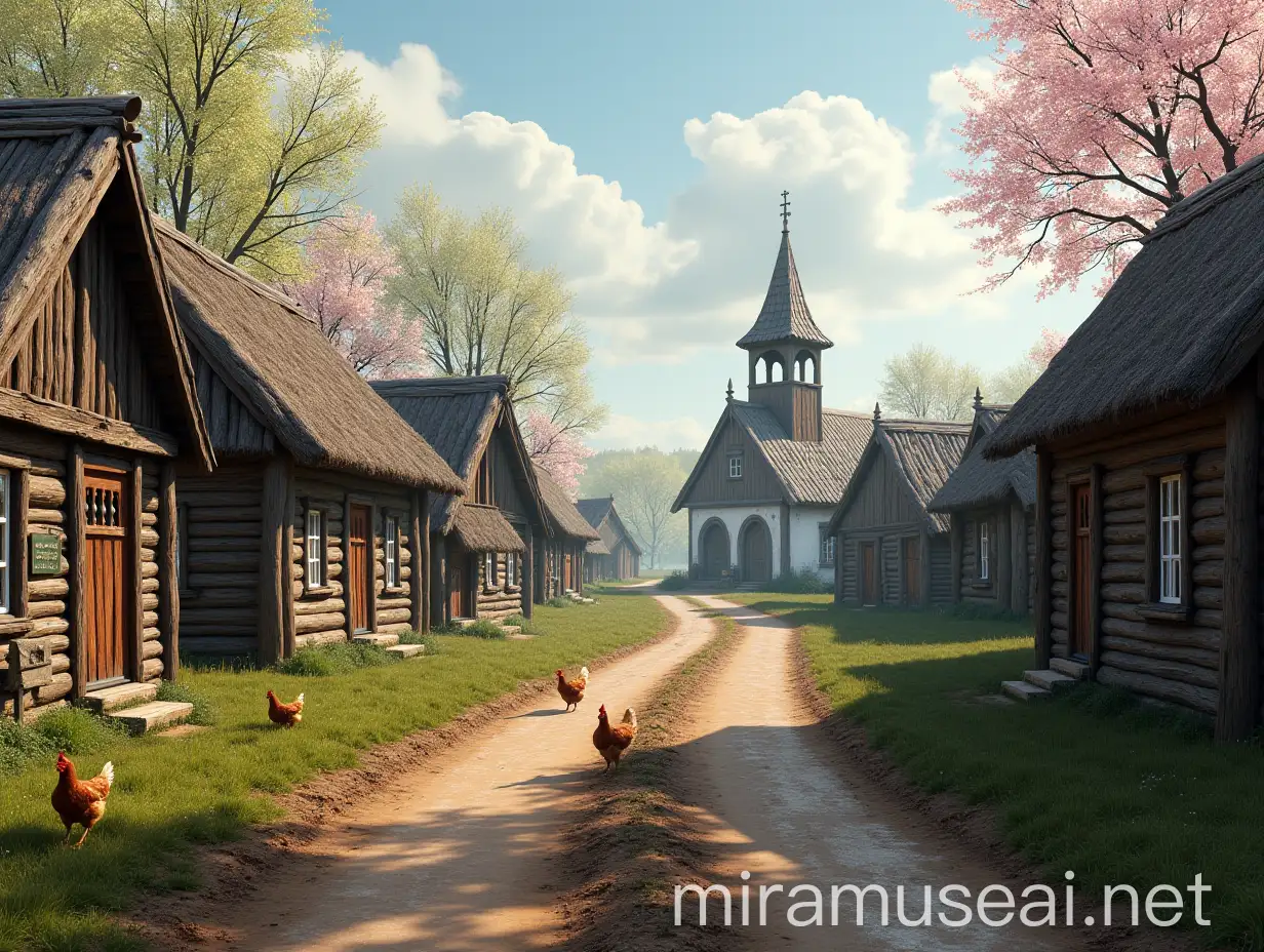 Photorealistic Russian Village Scene in Late 18th Century Spring