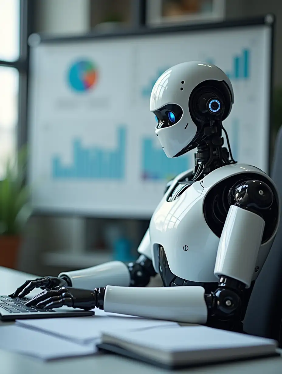 An image of a robot that looks like a financial consultant or accountant. Sitting while doing calculations for a company, in the background a board with budget charts