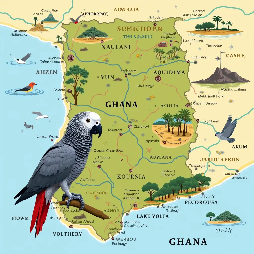 Create a visually captivating image that features a detailed map of Ghana alongside its national animal, the African Grey Parrot. The map should highlight key geographical features such as the Volta River, Lake Volta (the world's largest artificial lake), and the major regions including the Coastal Plain, Ashanti Uplands, and Northern Plains. Major cities like Accra (the capital), Kumasi, and Takoradi should be prominently displayed. Overlay the map with artistic illustrations representing Ghana's diverse landscapes, including the lush greenery of the forested regions, the sandy beaches along the Gulf of Guinea, and the rolling hills of the Ashanti Uplands. Use a vibrant color palette that reflects Ghana's natural beauty—deep greens for forests, sandy yellows for coastal areas, and rich blues for rivers and lakes. Incorporate informative labels for significant geographical features such as Mount Afadjato (the highest point at 885 meters), important rivers (like the Oti and Afram), and national parks (like Kakum National Park). Blend artistic elements with educational content to celebrate Ghana’s unique geography and biodiversity. Key Elements to Include: Map Features: Political boundaries, major cities (like Accra, Kumasi, and Takoradi), geographical landmarks (like Mount Afadjato). Animal Representation: A prominent illustration of the African Grey Parrot. Color Palette: Deep greens for forested areas, sandy browns for coastal regions, and vibrant blues for water bodies. Labels: Names of cities, regions (like Greater Accra and Ashanti), national parks (like Kakum National Park), and notable geographical features.