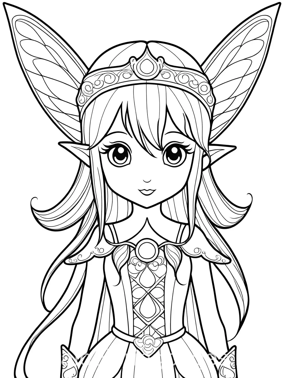 FAiry, elf anime, Coloring Page, black and white, line art, white background, Simplicity, Ample White Space. The background of the coloring page is plain white to make it easy for young children to color within the lines. The outlines of all the subjects are easy to distinguish, making it simple for kids to color without too much difficulty