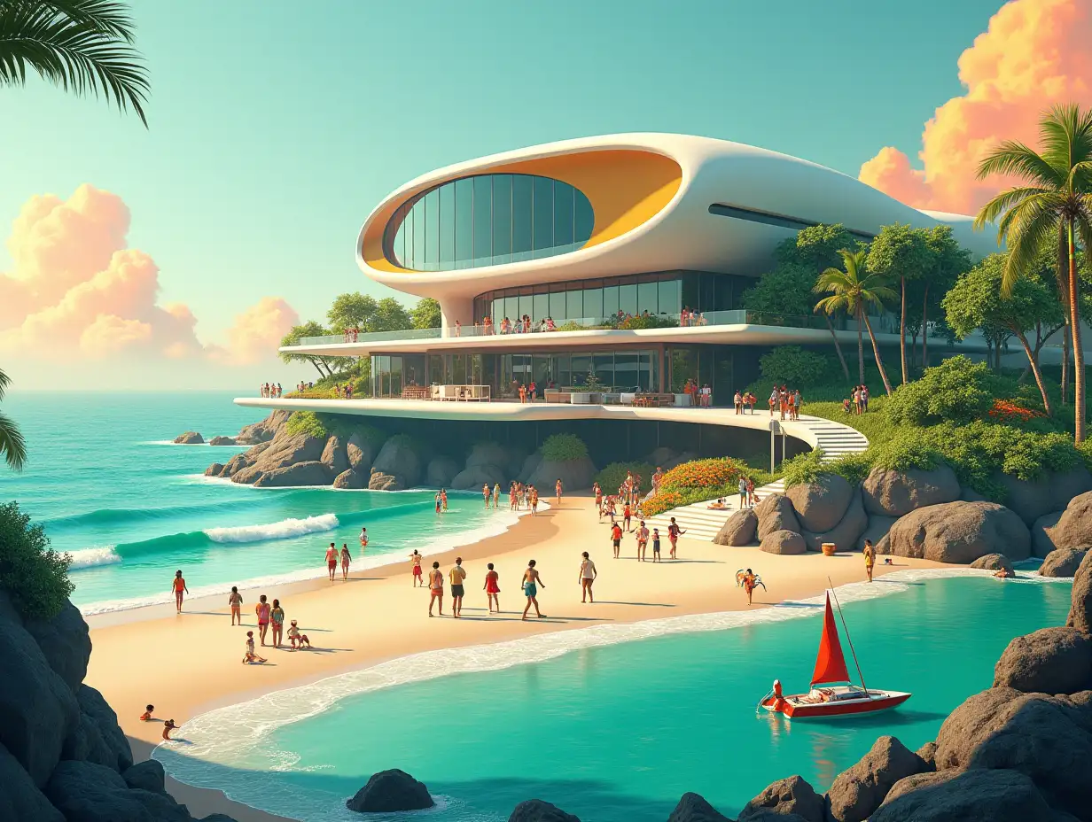 Create a high-resolution, realistic image of a futuristic terrace building with ellipse window house with bridge, a yacht and a small boat beach with many people and animals  many plants and green and yellow and red facades  with sea with waves, big trees, orange clouds Wide-angle lens